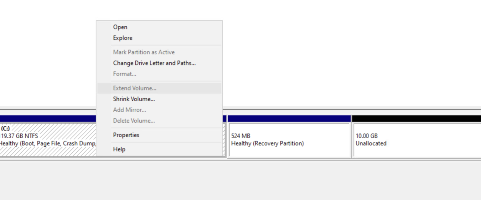Can't extend a volume in Windows Server 2022